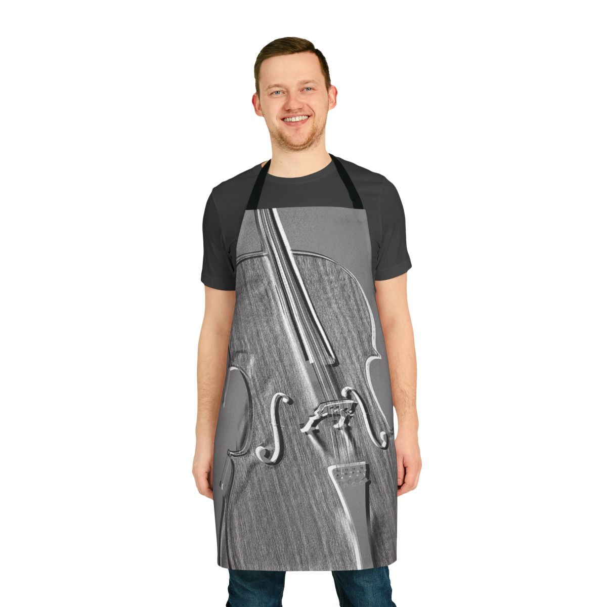 A grey apron with a graphic design of a cello, perfect for music enthusiasts.