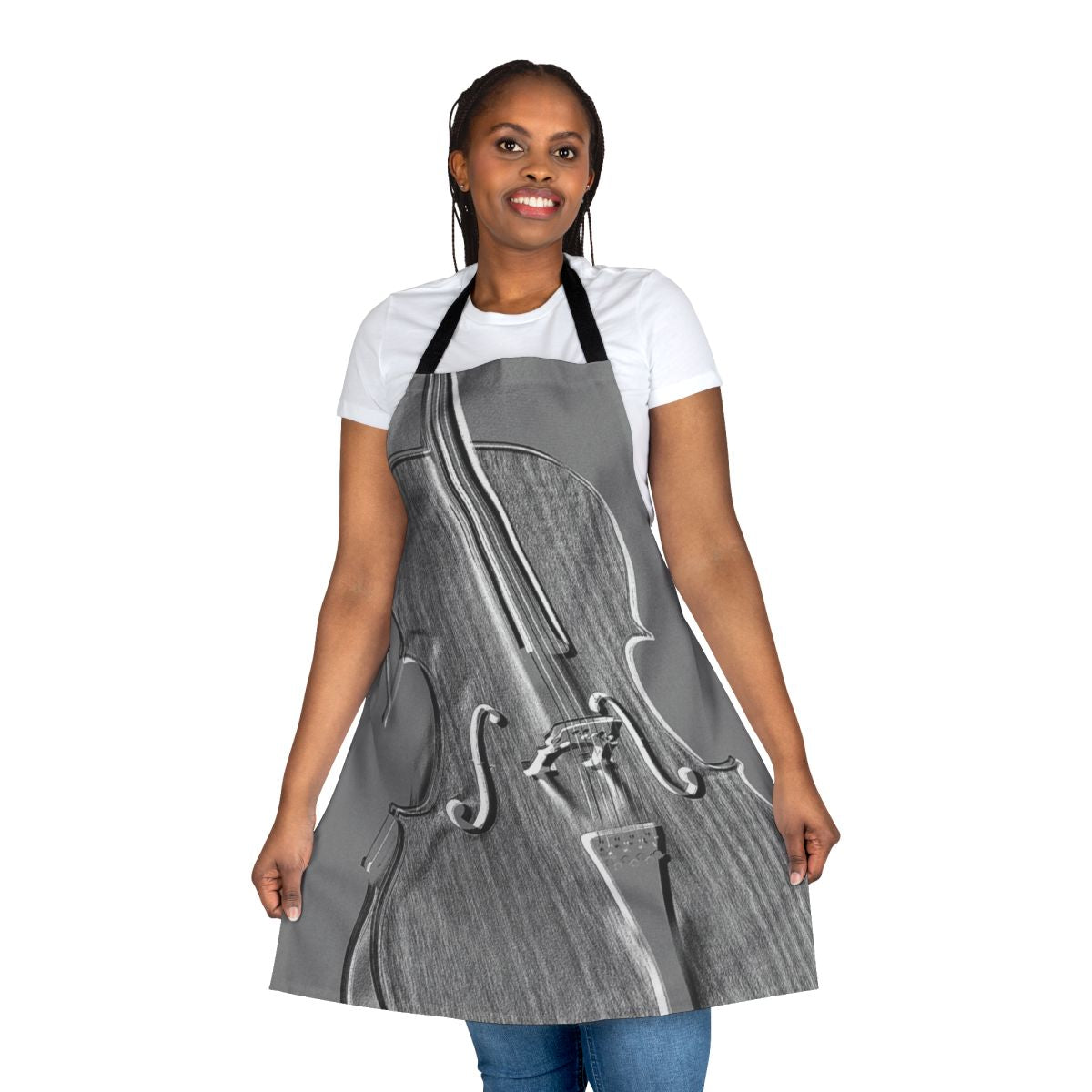 A grey apron with a graphic design of a cello, perfect for music enthusiasts.