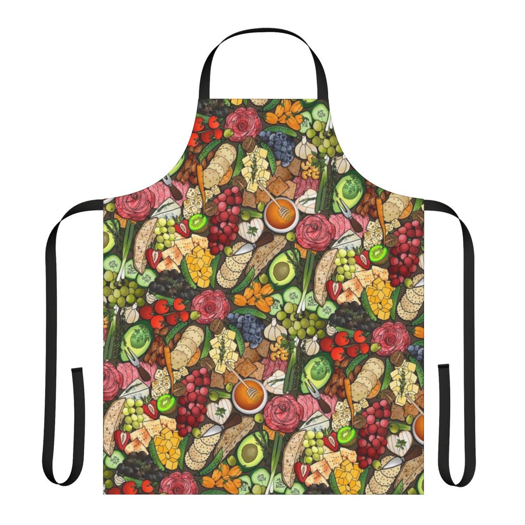 Charcuterie apron featuring various food items like cheeses, fruits, and nuts