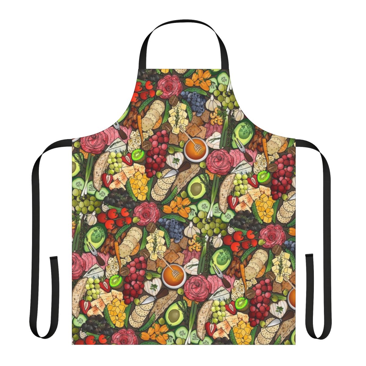 Charcuterie apron featuring various food items like cheeses, fruits, and nuts