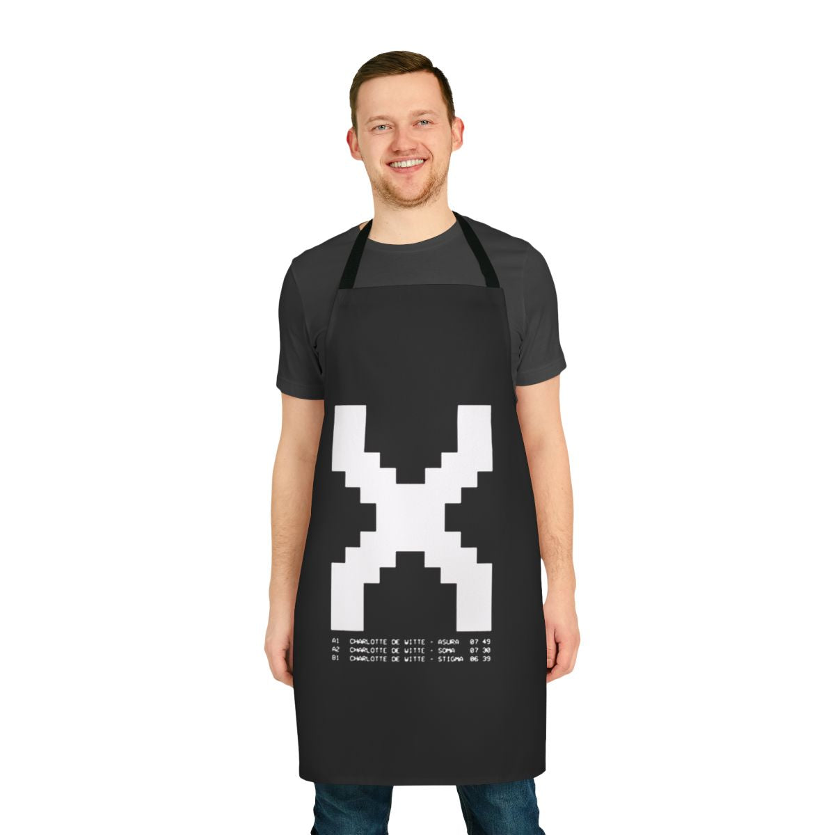Apron featuring a stylish design inspired by electronic music artist Charlotte de Witte