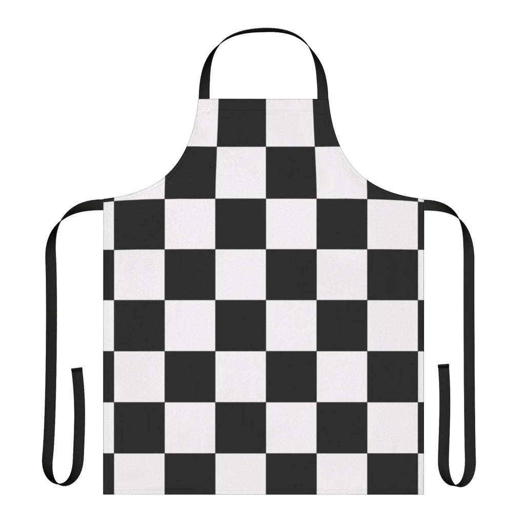 A black and white checkered or checkerboard pattern apron, a minimalist and geometric kitchen accessory.