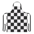 A black and white checkered or checkerboard pattern apron, a minimalist and geometric kitchen accessory.