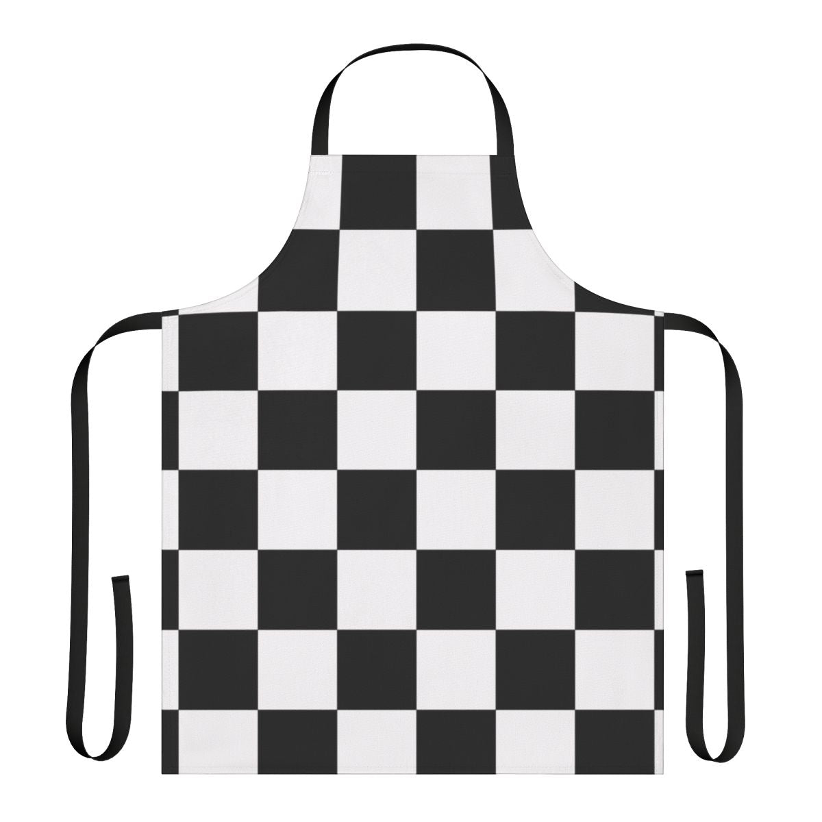 A black and white checkered or checkerboard pattern apron, a minimalist and geometric kitchen accessory.