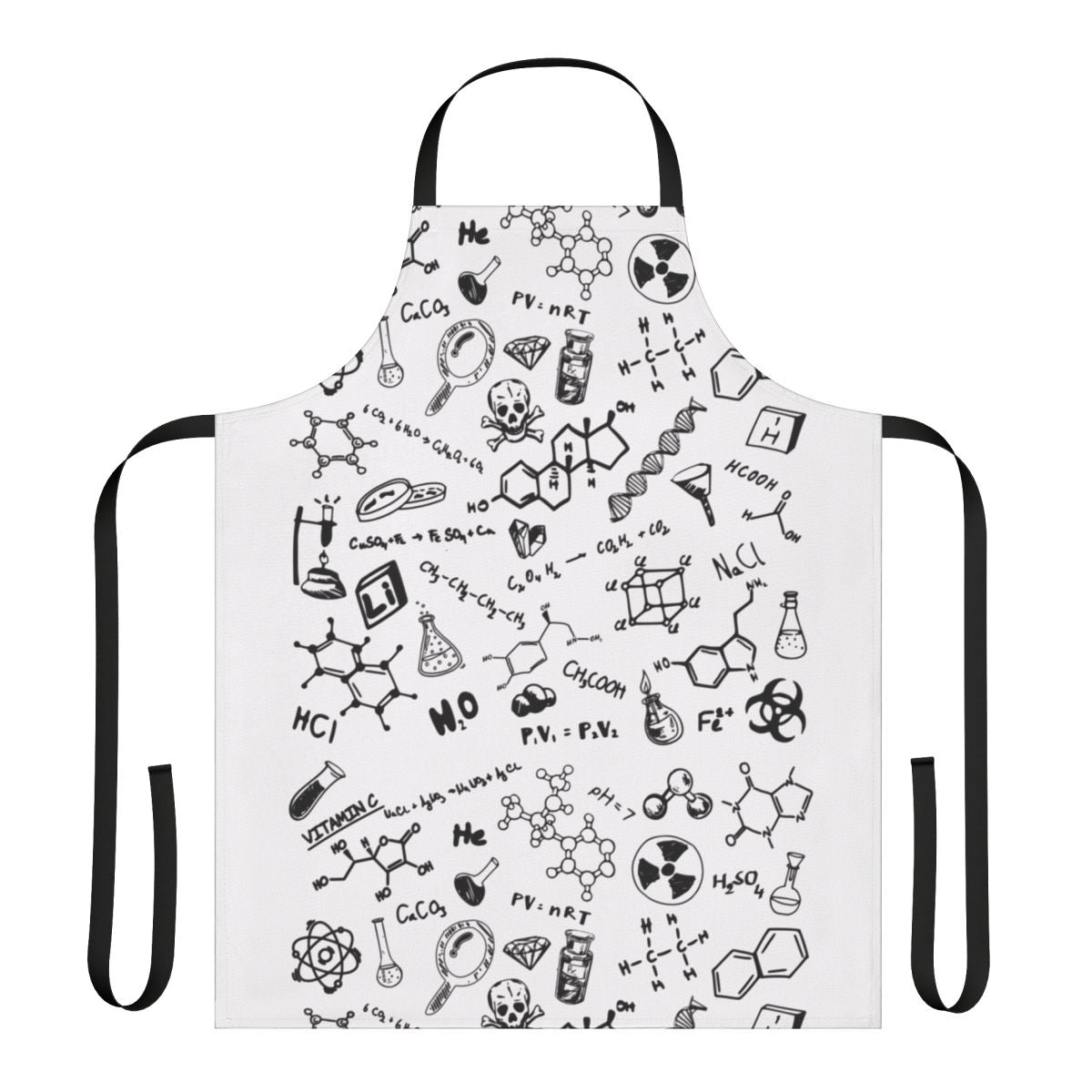 Colorful chemistry pattern design on a high-quality apron for science enthusiasts and lab professionals.
