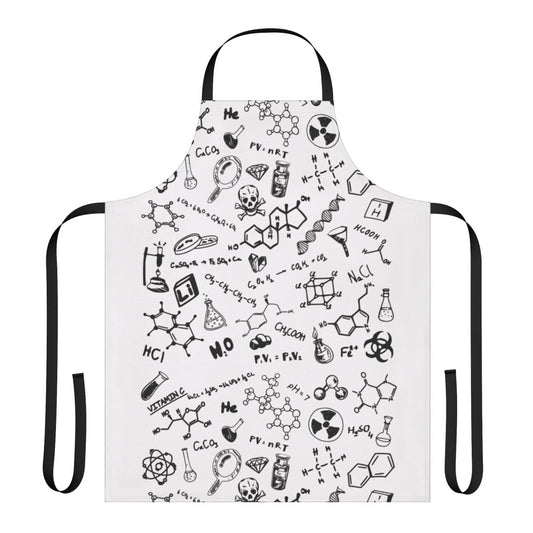 Colorful chemistry pattern design on a high-quality apron for science enthusiasts and lab professionals.