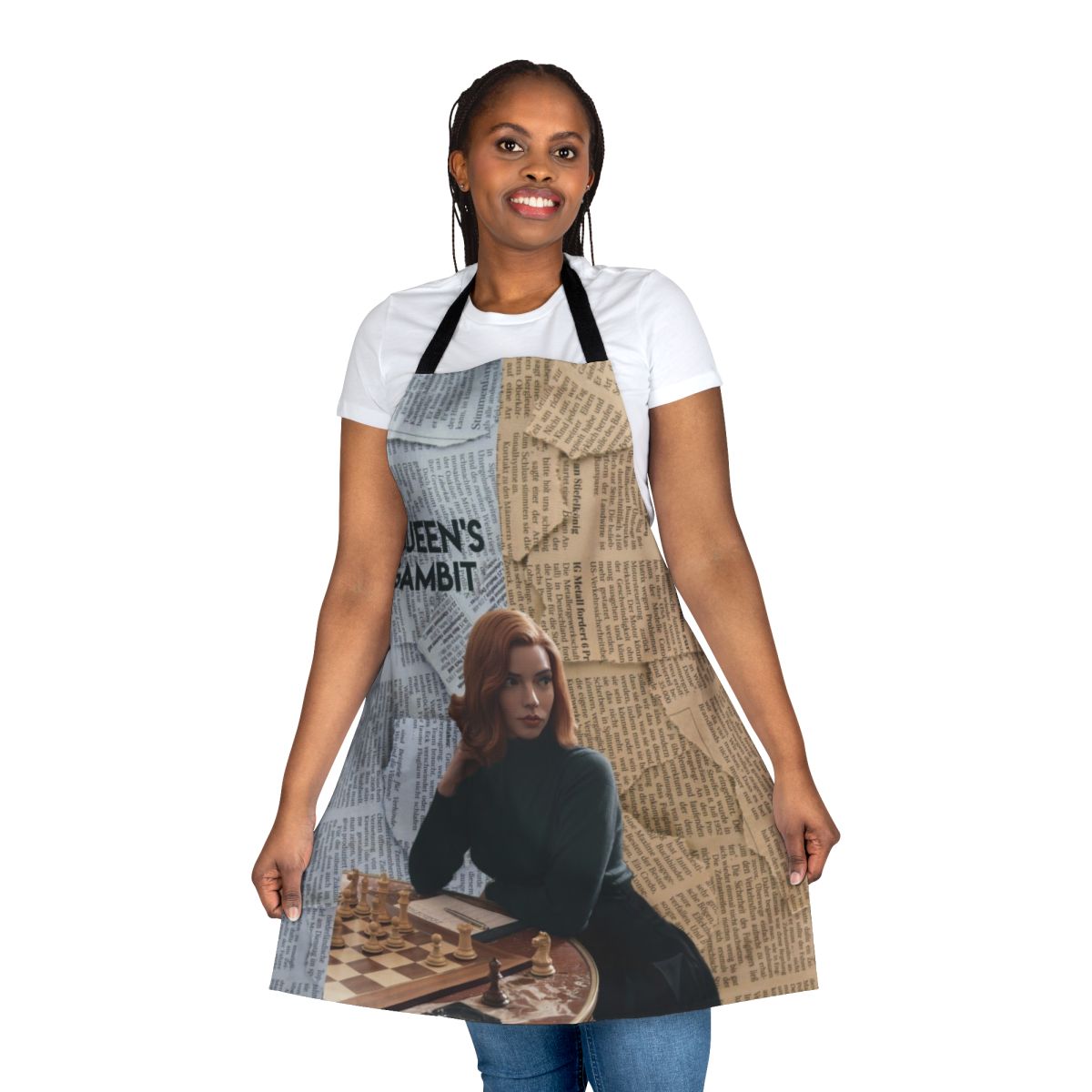 Chessboard-patterned apron inspired by the Netflix series The Queen's Gambit