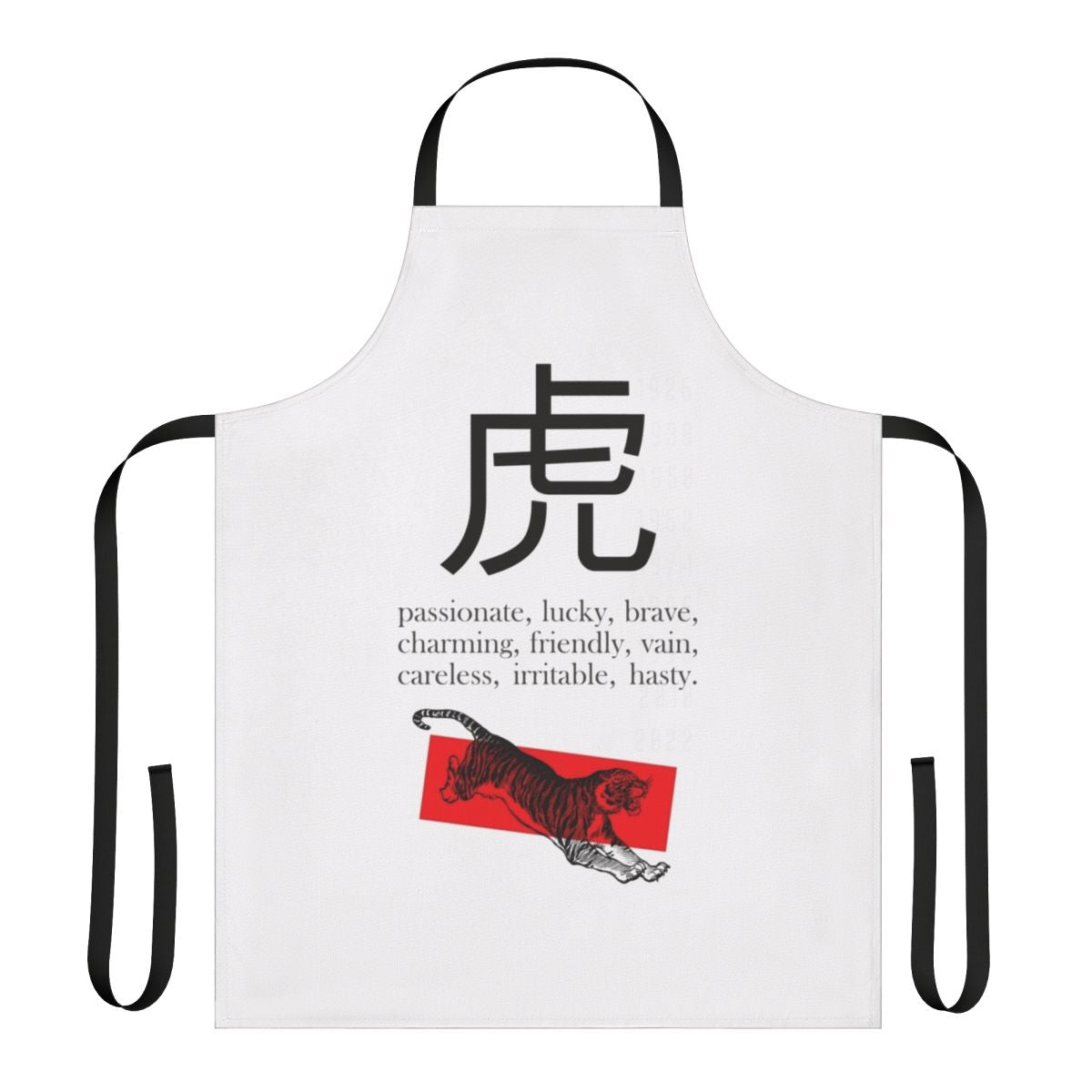 Apron featuring the Chinese Zodiac Tiger sign in a classic black, white and red design.