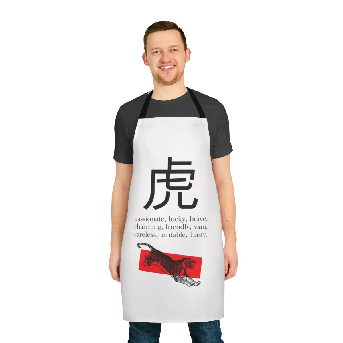 Apron featuring the Chinese Zodiac Tiger sign in a classic black, white and red design.