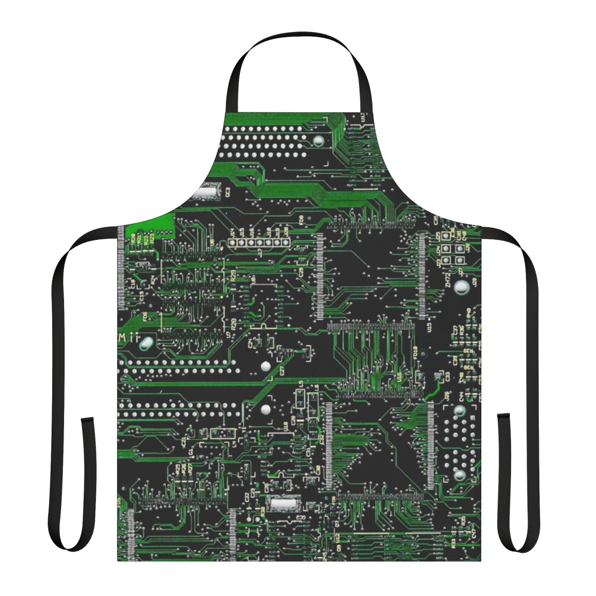 Circuit board design apron with green and black circuit board pattern