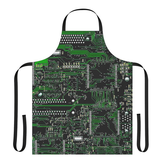 Circuit board design apron with green and black circuit board pattern