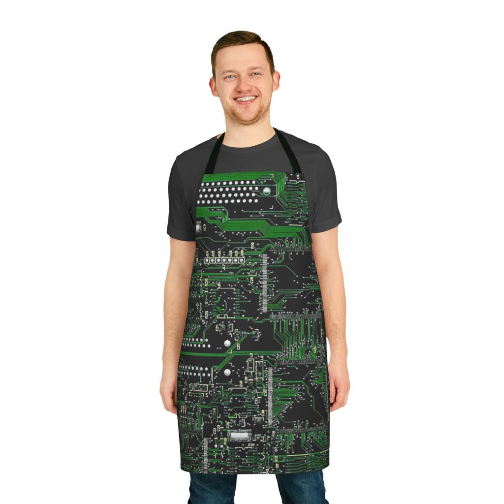 Circuit board design apron with green and black circuit board pattern
