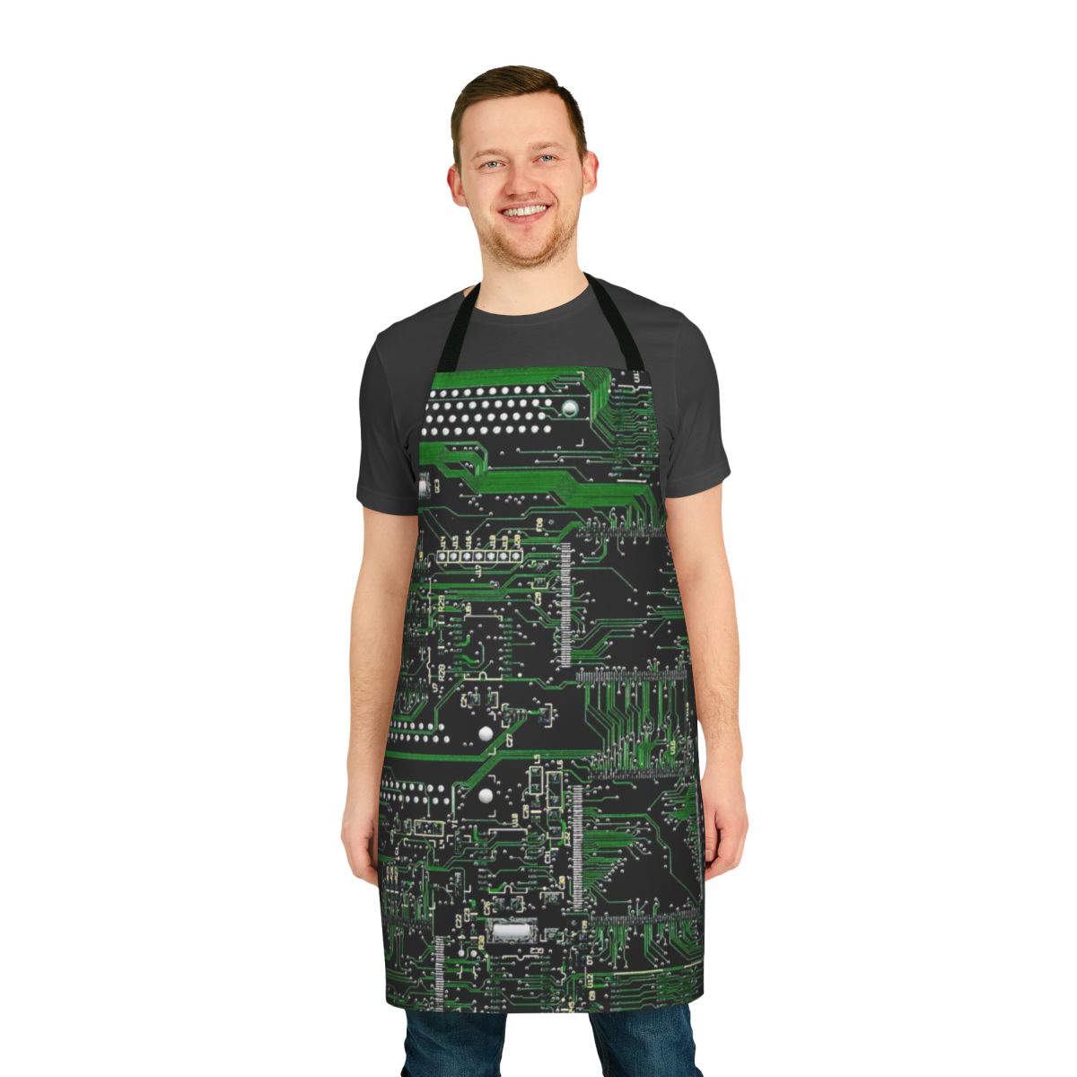 Circuit board design apron with green and black circuit board pattern