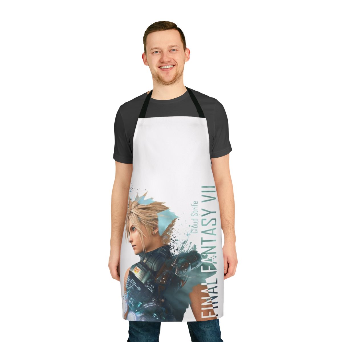 A high-quality apron featuring the iconic character Cloud Strife from the beloved Final Fantasy VII game.