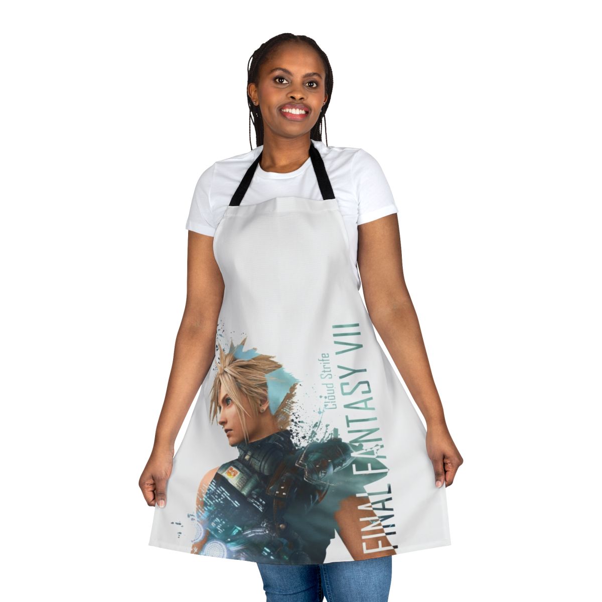 A high-quality apron featuring the iconic character Cloud Strife from the beloved Final Fantasy VII game.