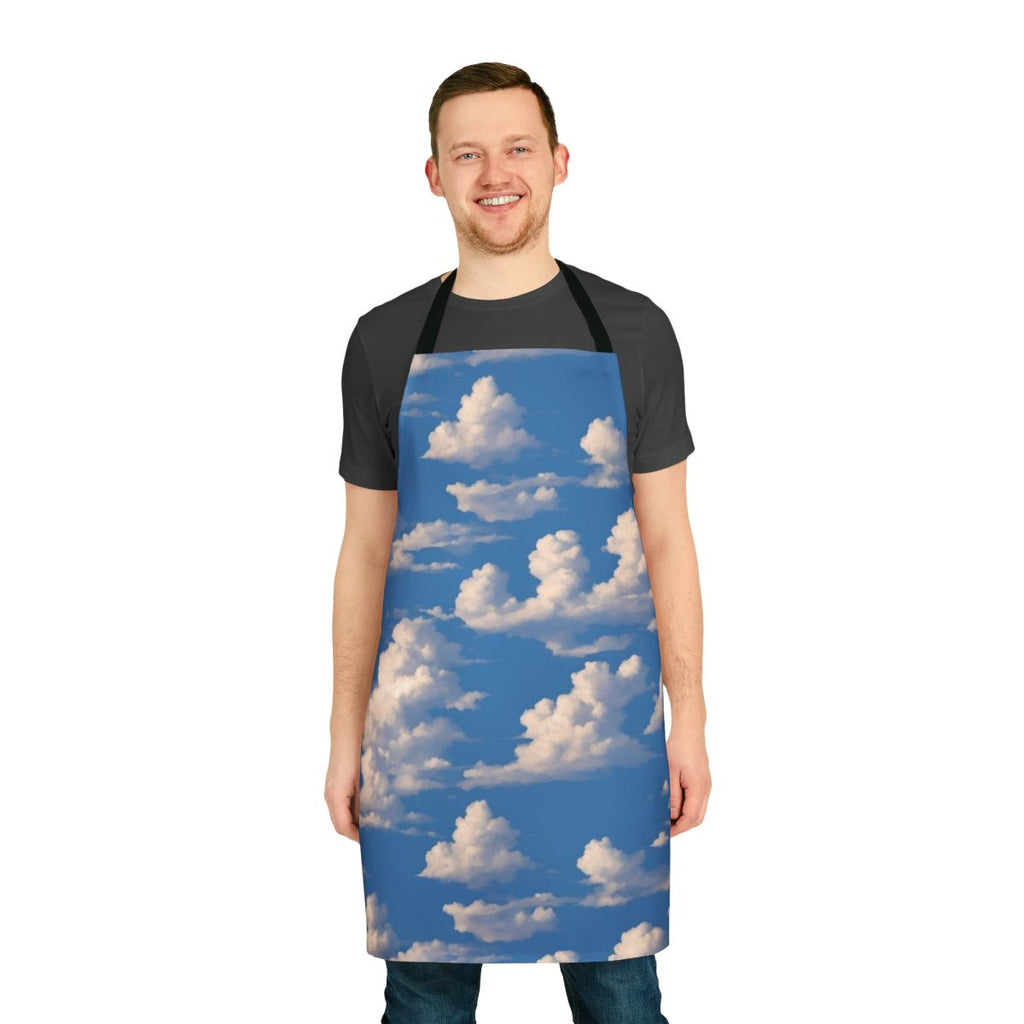 Cloudy sky apron featuring a whimsical design with clouds, stars, and nature elements