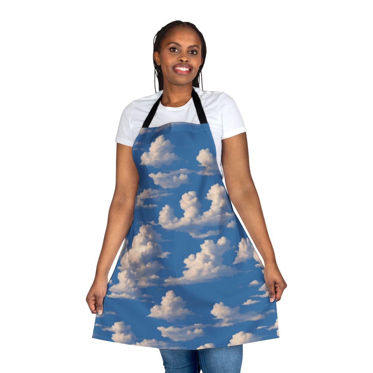 Cloudy sky apron featuring a whimsical design with clouds, stars, and nature elements
