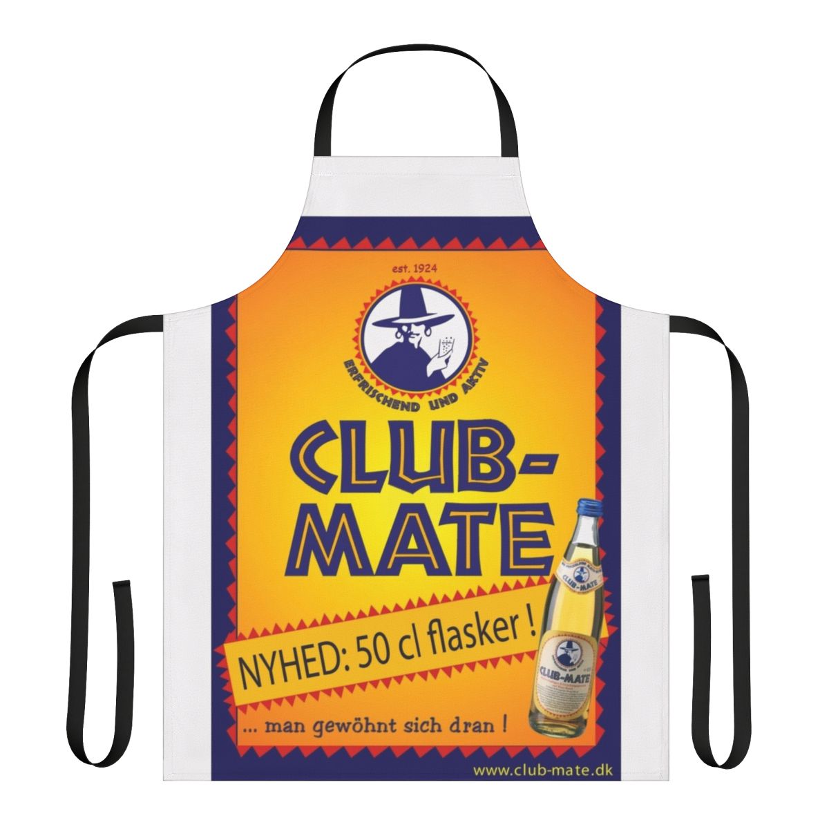 Club Mate-themed apron with Berlin techno influences