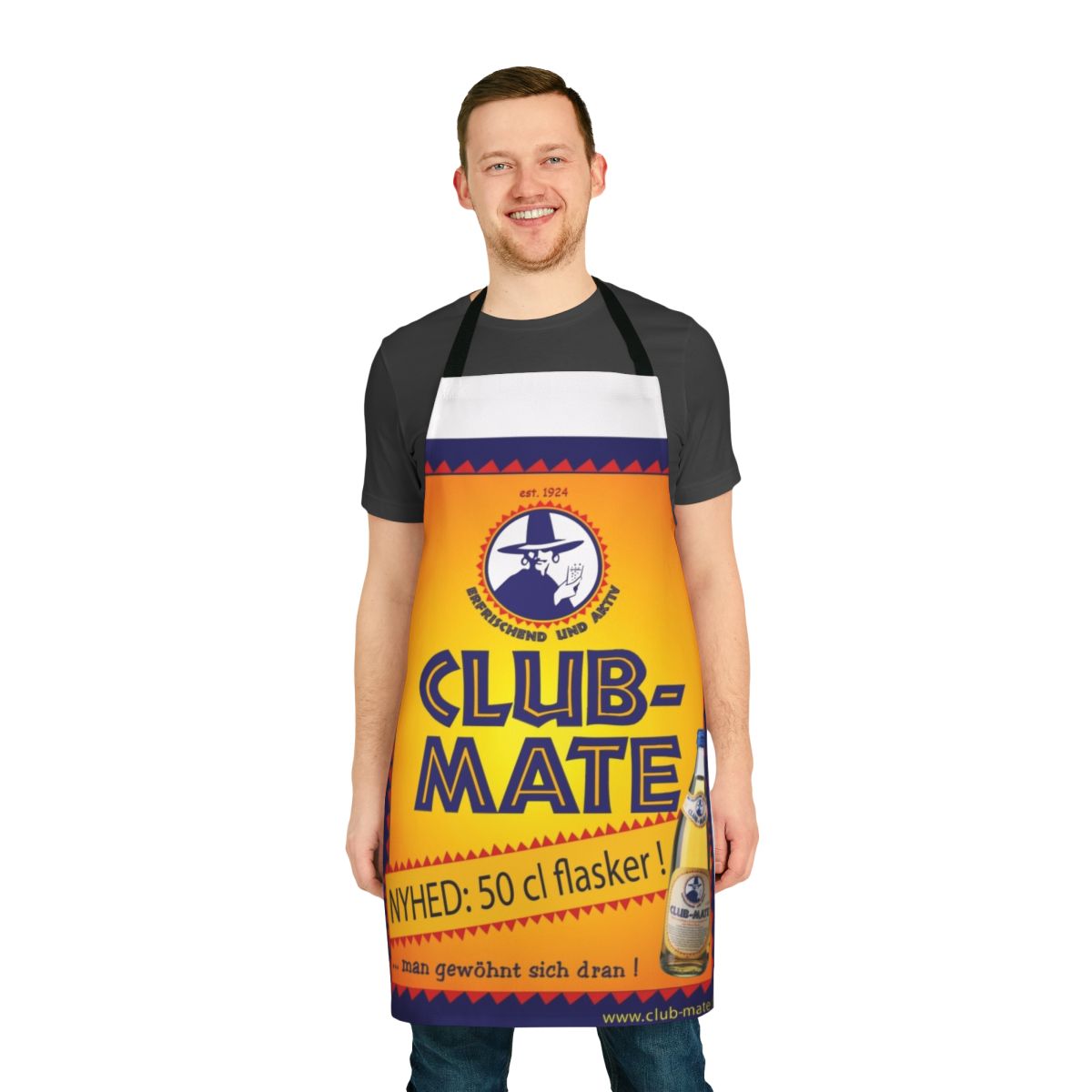 Club Mate-themed apron with Berlin techno influences