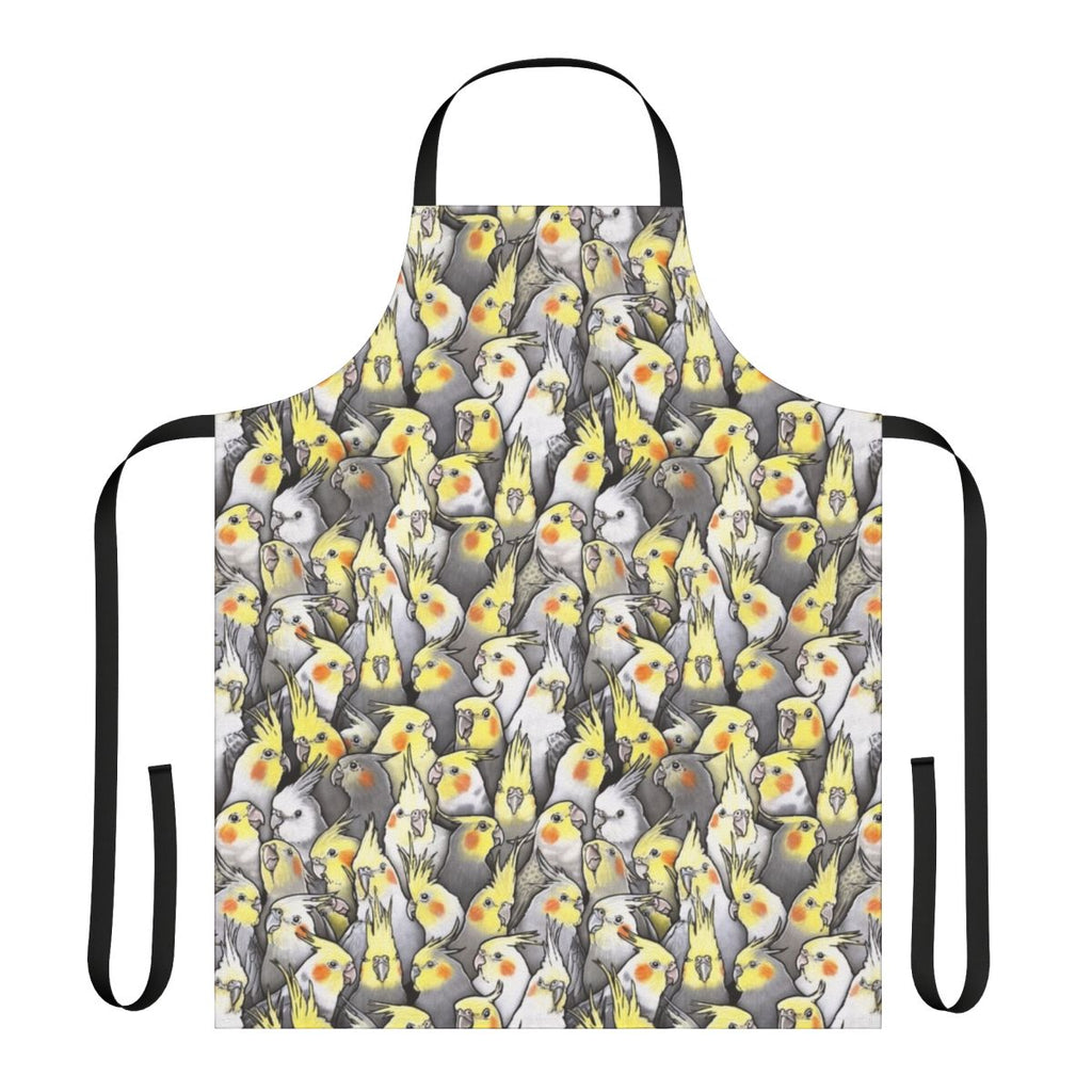 Colorful and whimsical apron featuring a pattern of cute cockatiels and other Australian birds.