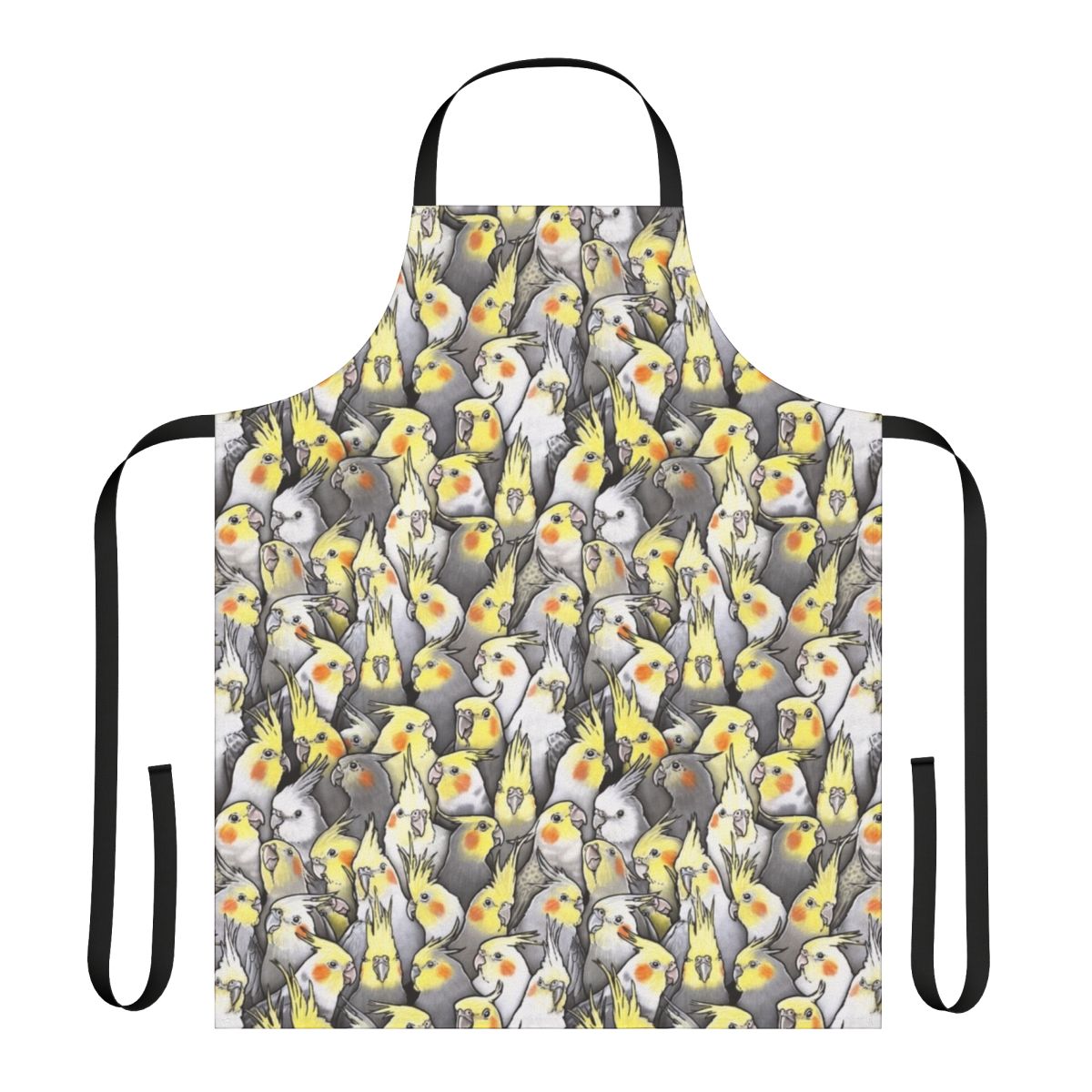 Colorful and whimsical apron featuring a pattern of cute cockatiels and other Australian birds.
