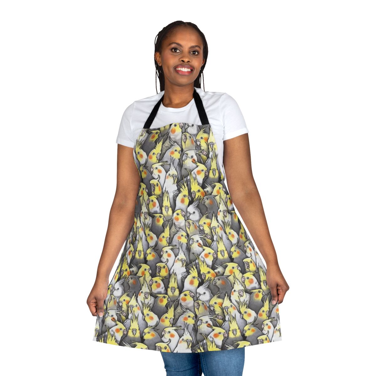 Colorful and whimsical apron featuring a pattern of cute cockatiels and other Australian birds.