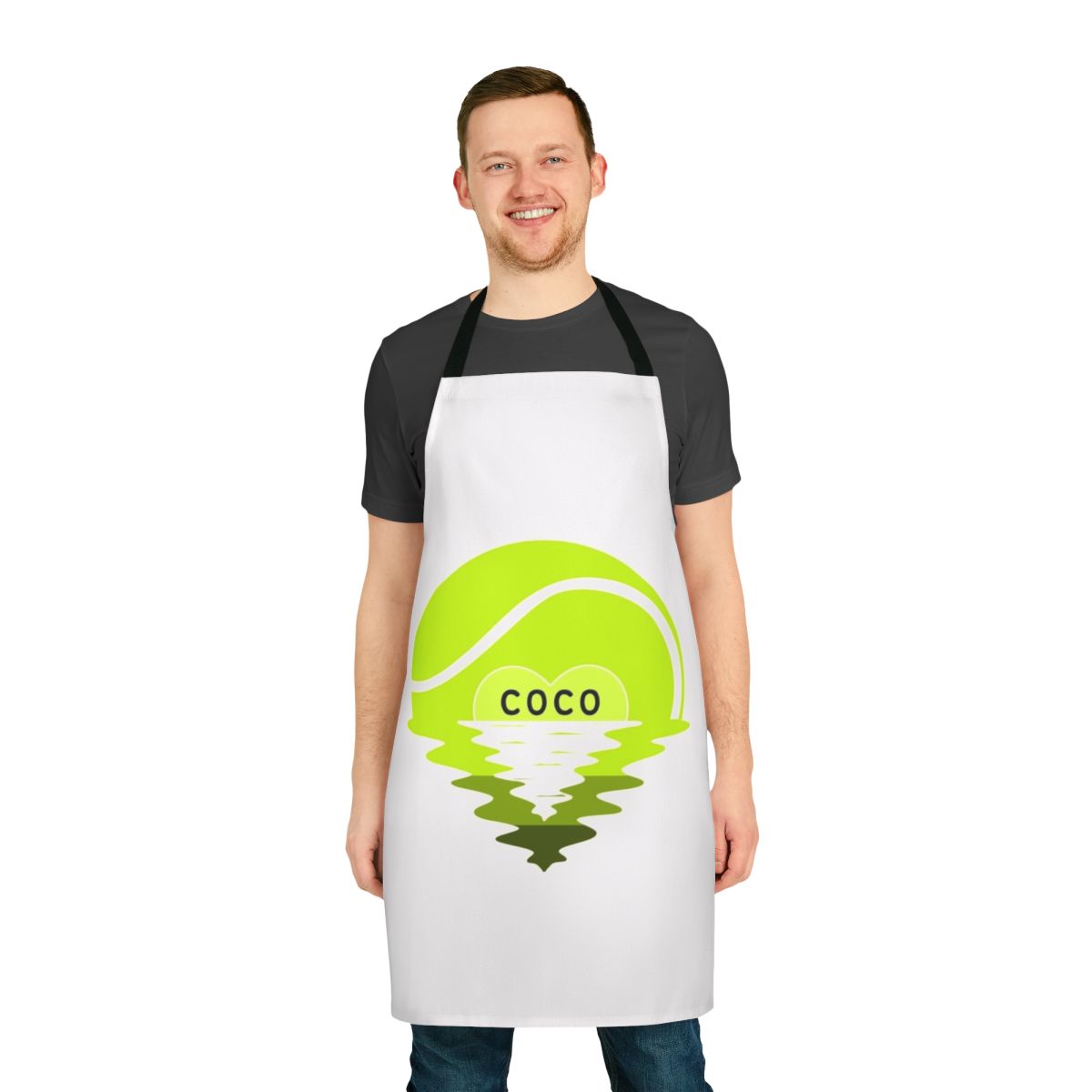 Apron featuring the text "Call Me Coco Gauff" and design elements related to tennis