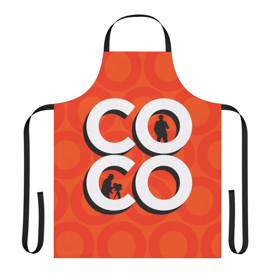 A high-quality apron featuring a stylized typography design with a Coco silhouette, perfect for Conan O'Brien fans.