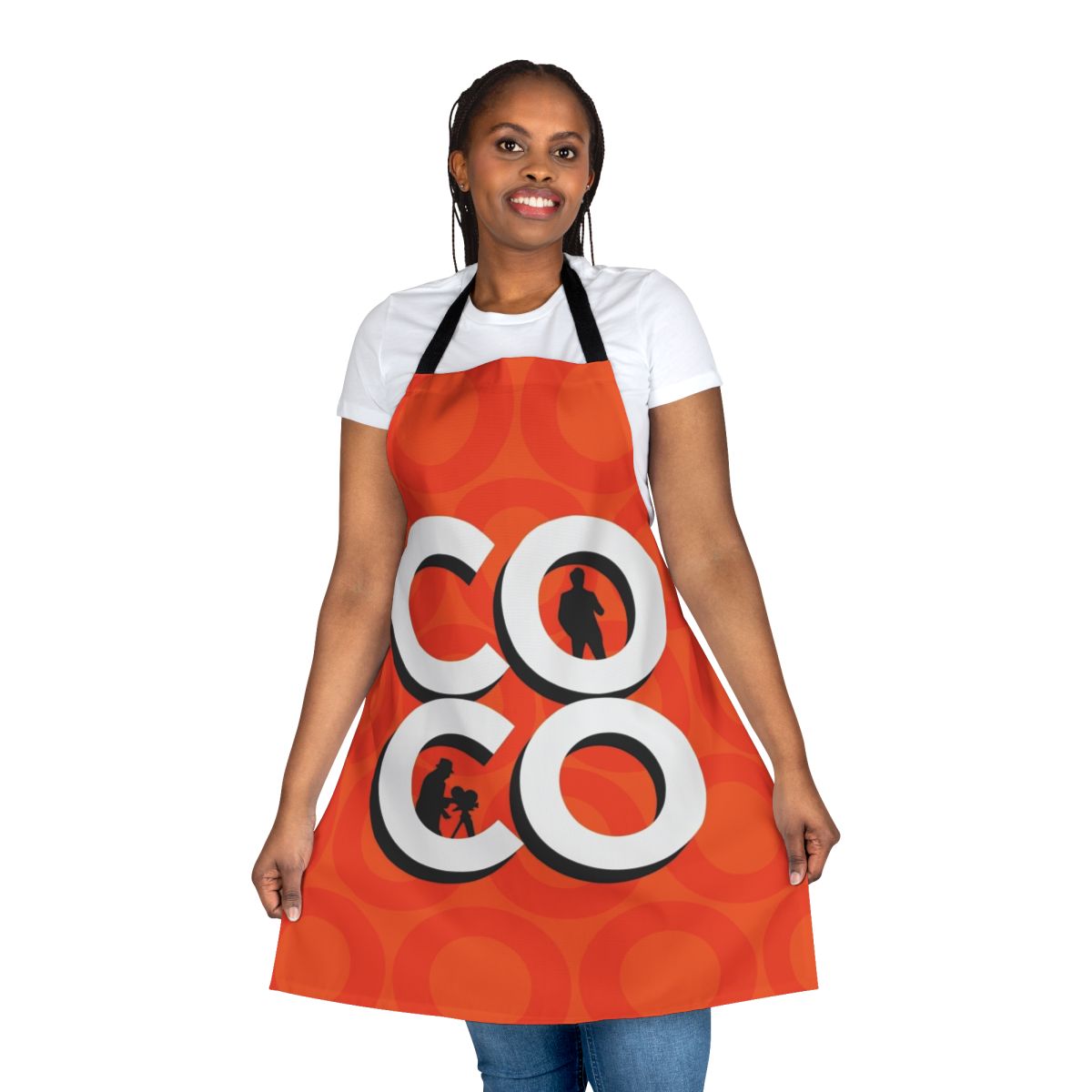 A high-quality apron featuring a stylized typography design with a Coco silhouette, perfect for Conan O'Brien fans.
