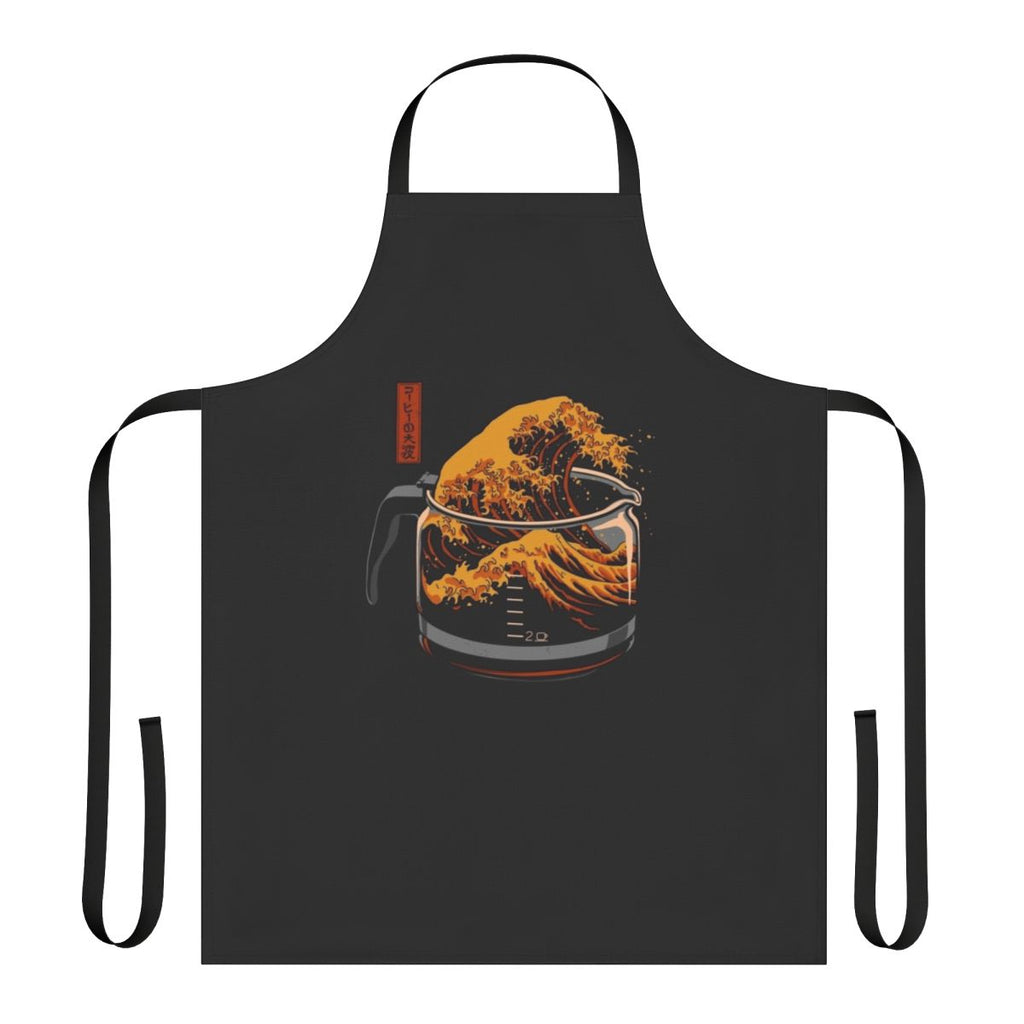 A stylish and humorous coffee-themed apron featuring a pop art interpretation of the famous "Great Wave" painting.