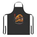 A stylish and humorous coffee-themed apron featuring a pop art interpretation of the famous "Great Wave" painting.