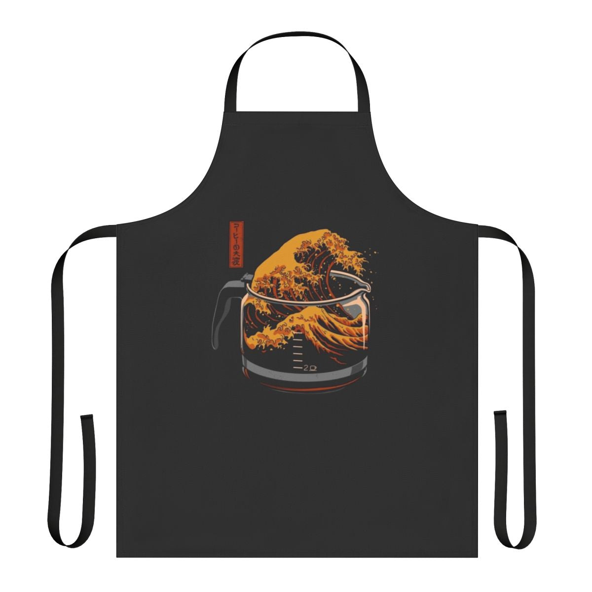 A stylish and humorous coffee-themed apron featuring a pop art interpretation of the famous "Great Wave" painting.