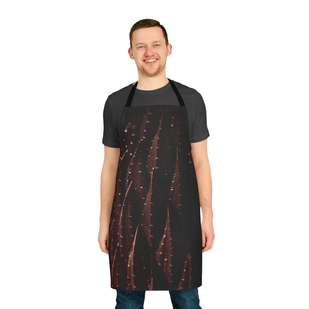 Coffee brown apron with cactus pattern, ideal for gardening and macro photography