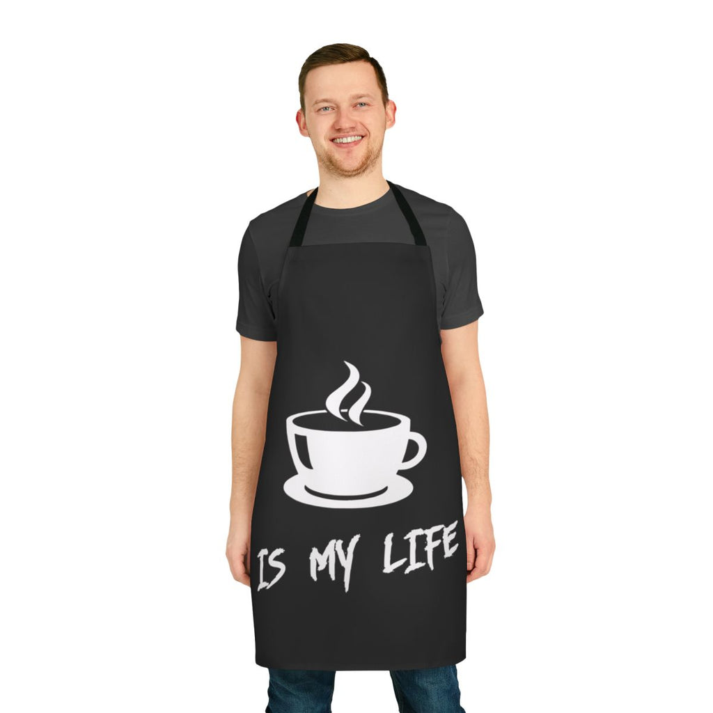 Person wearing a black apron with the text "Coffee Is My Life"