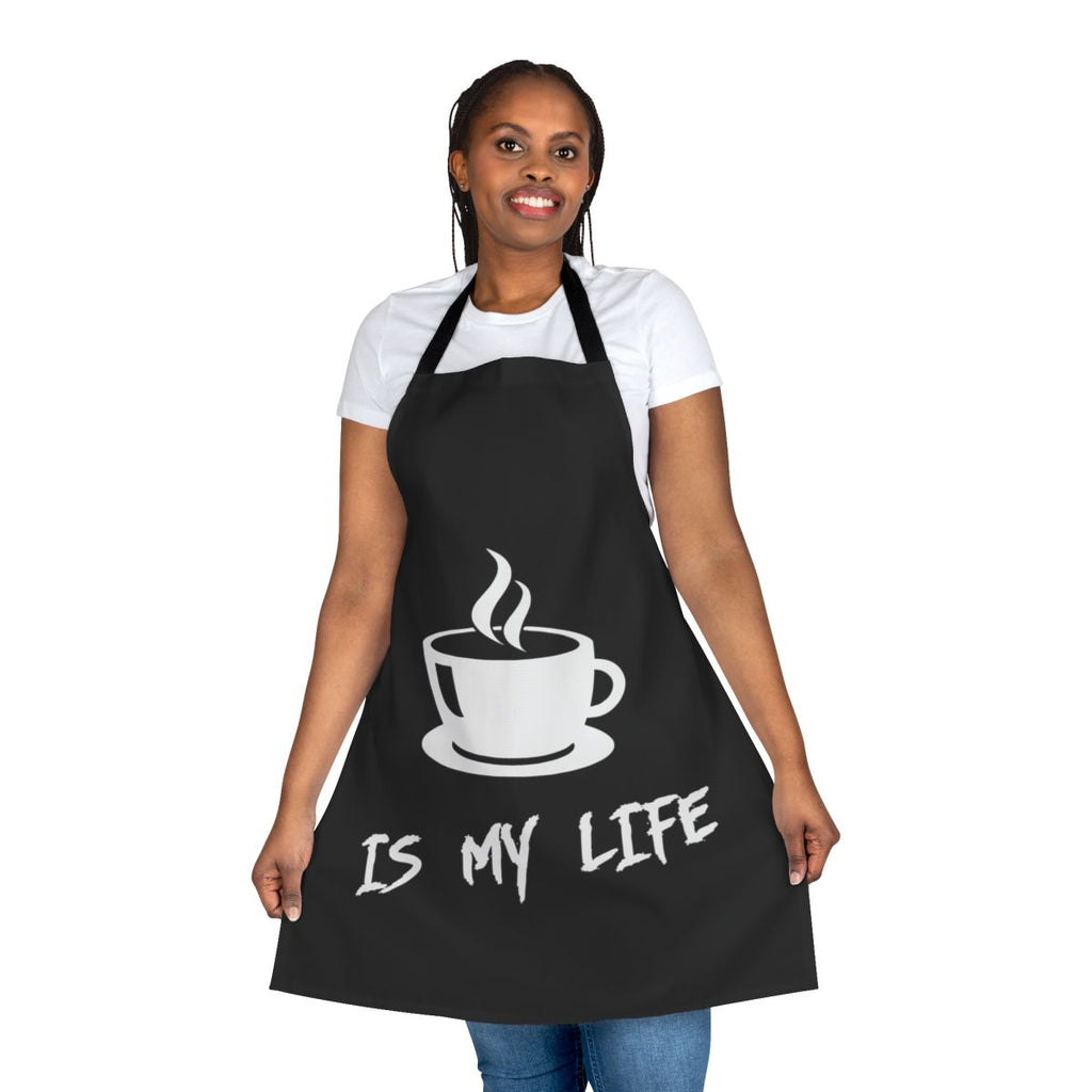 Person wearing a black apron with the text "Coffee Is My Life"