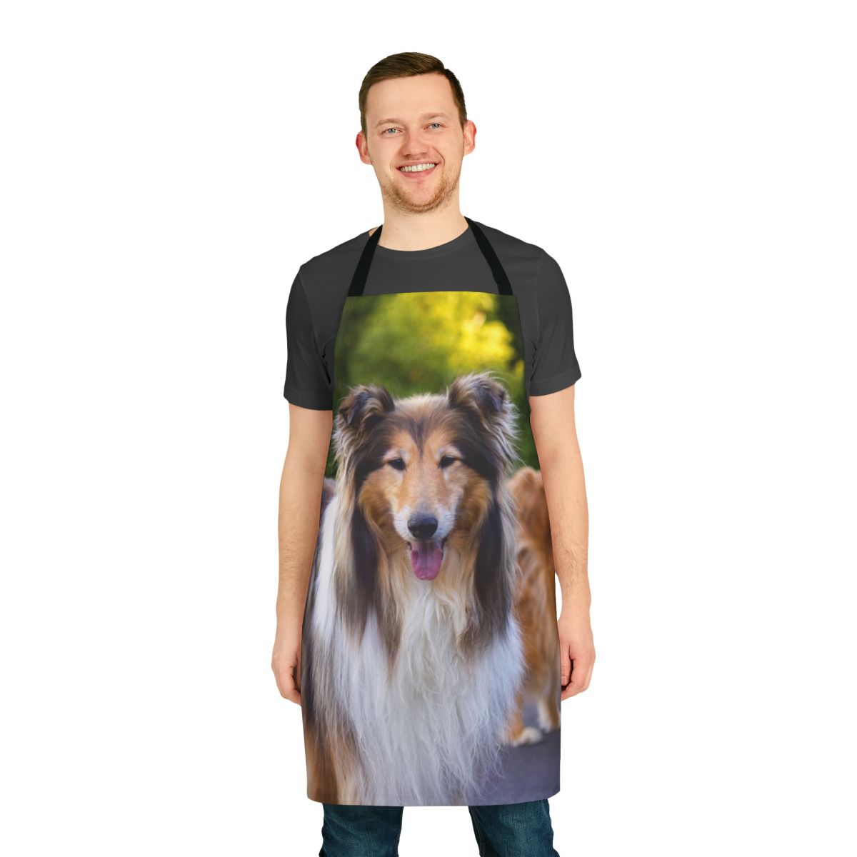 Stylish apron featuring a diamond and gold collie design