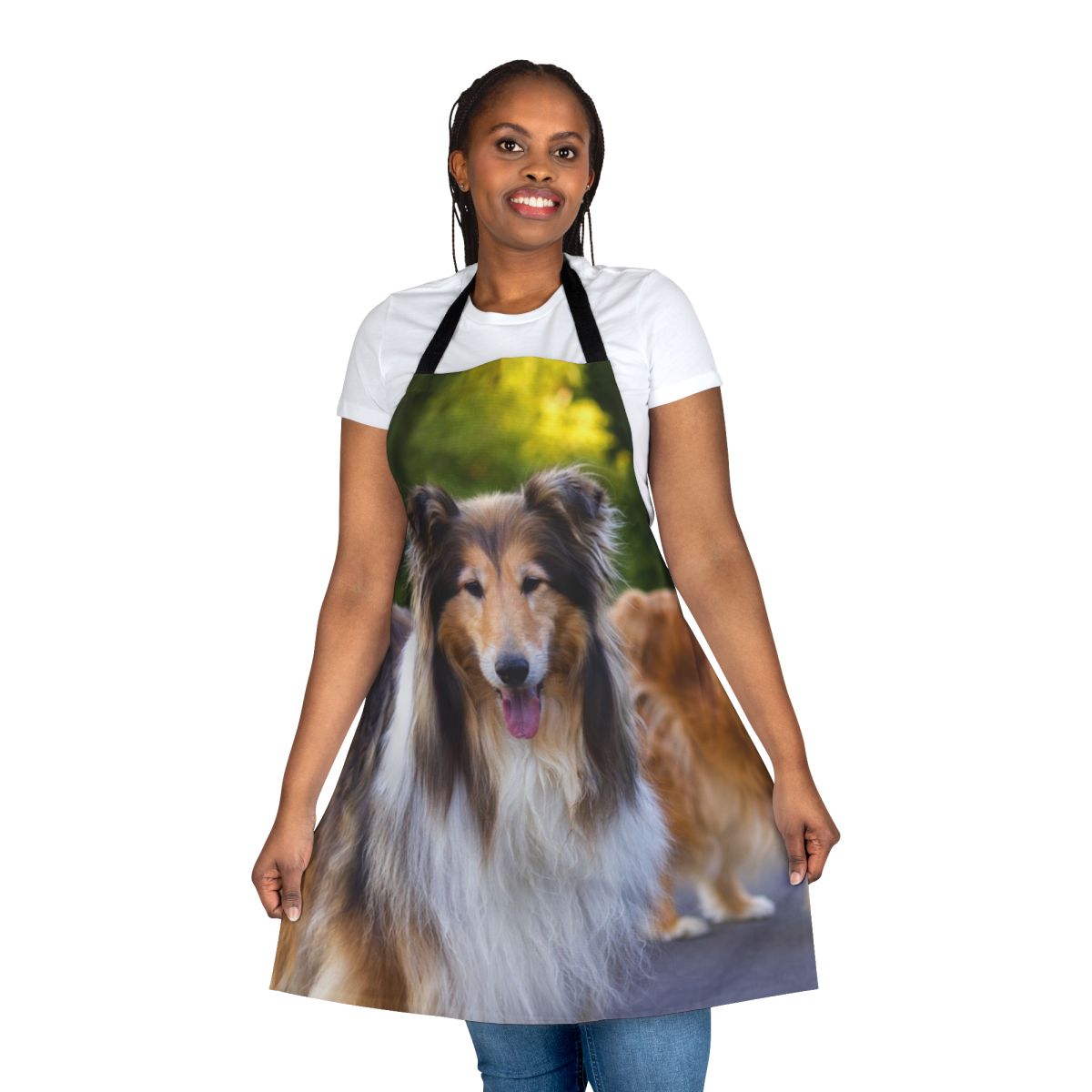 Stylish apron featuring a diamond and gold collie design