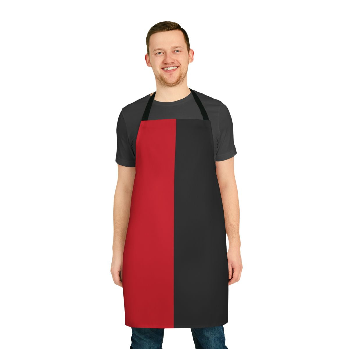 A black and red color block apron with a basketball court and court jester inspired design