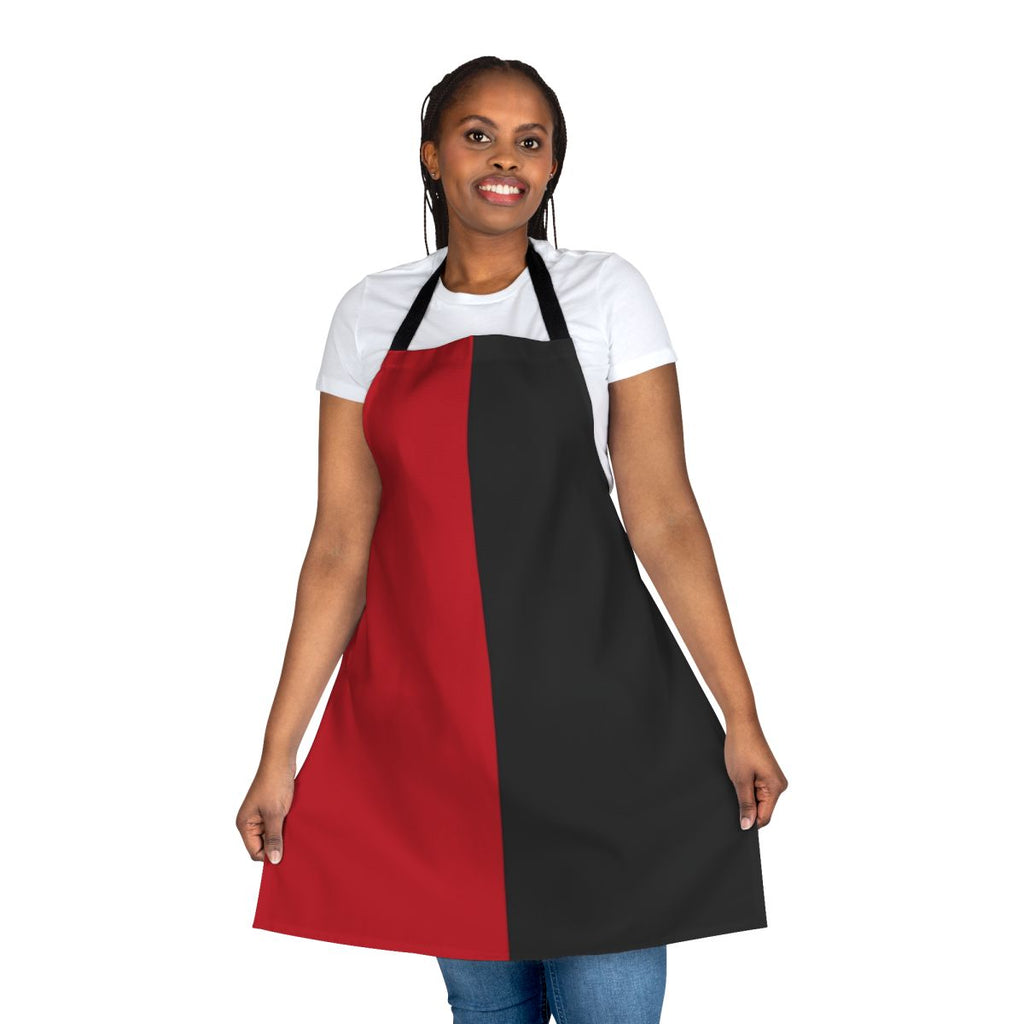 A black and red color block apron with a basketball court and court jester inspired design