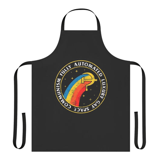 A high-quality apron featuring a humorous design with communist and space-themed elements.