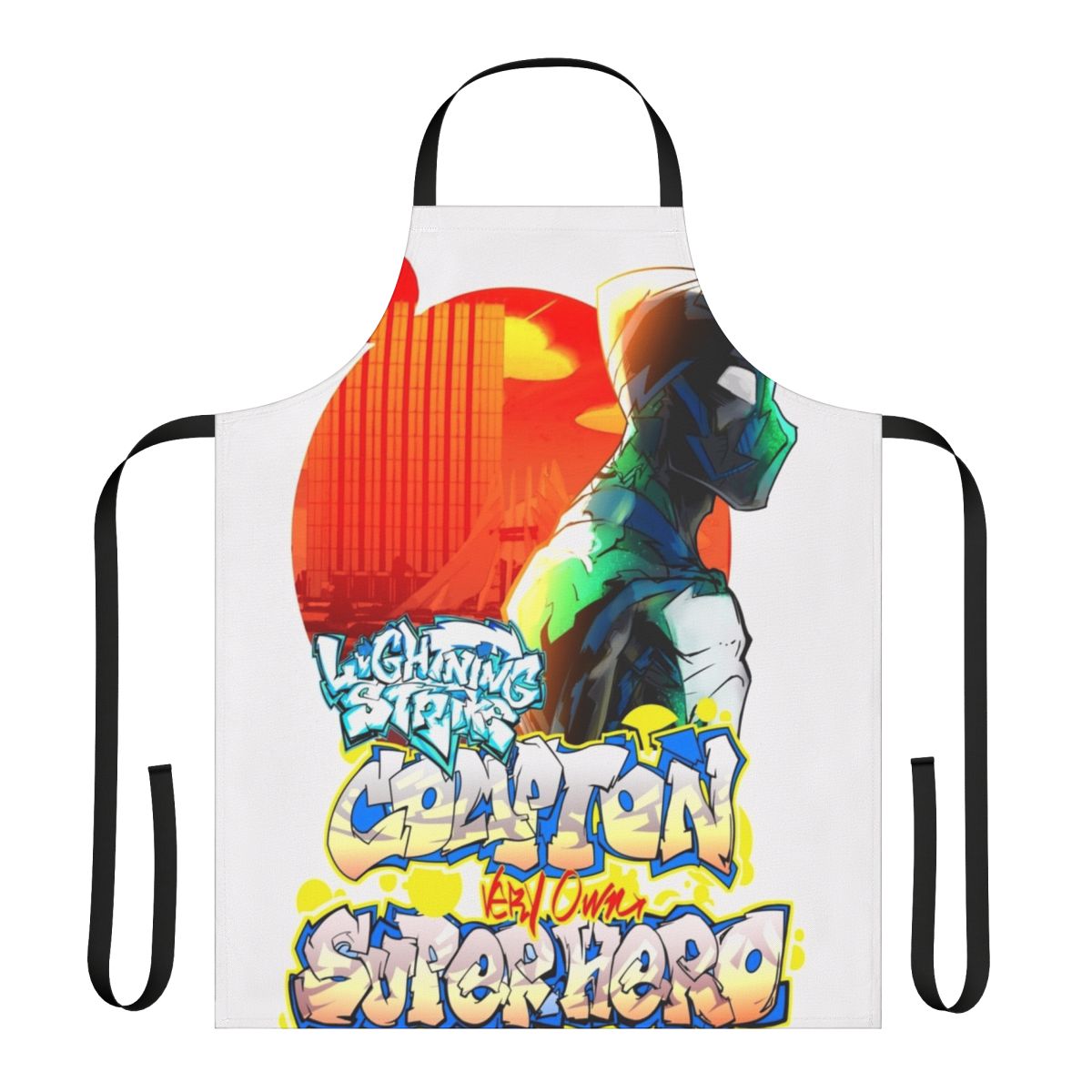 Compton-inspired superhero-themed apron with lightning strike and graffiti art design