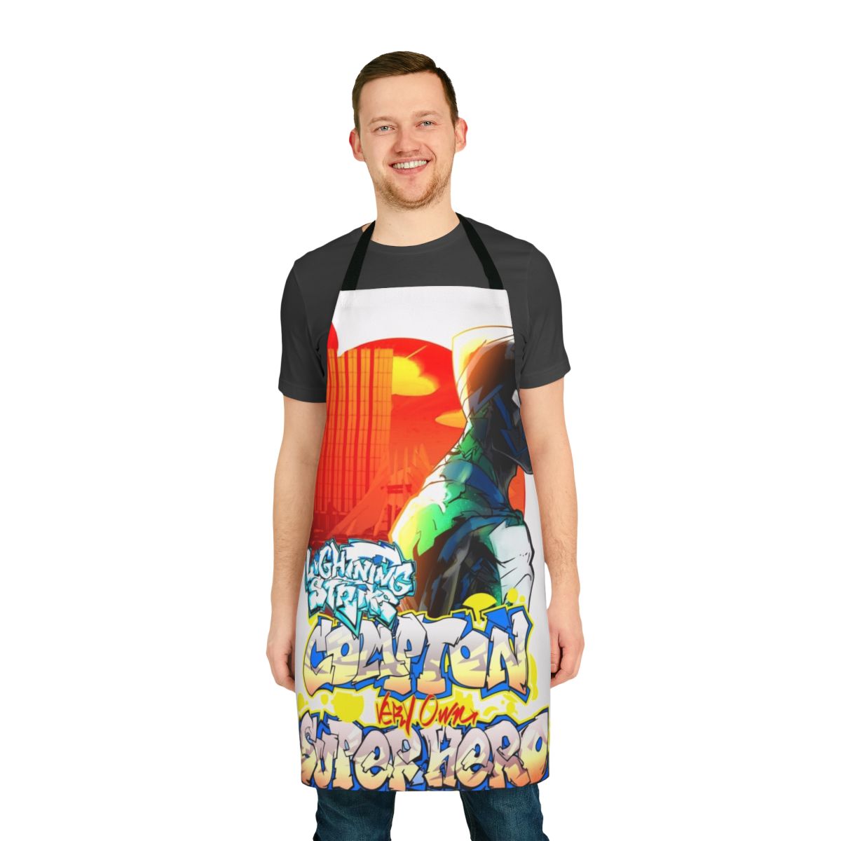 Compton-inspired superhero-themed apron with lightning strike and graffiti art design