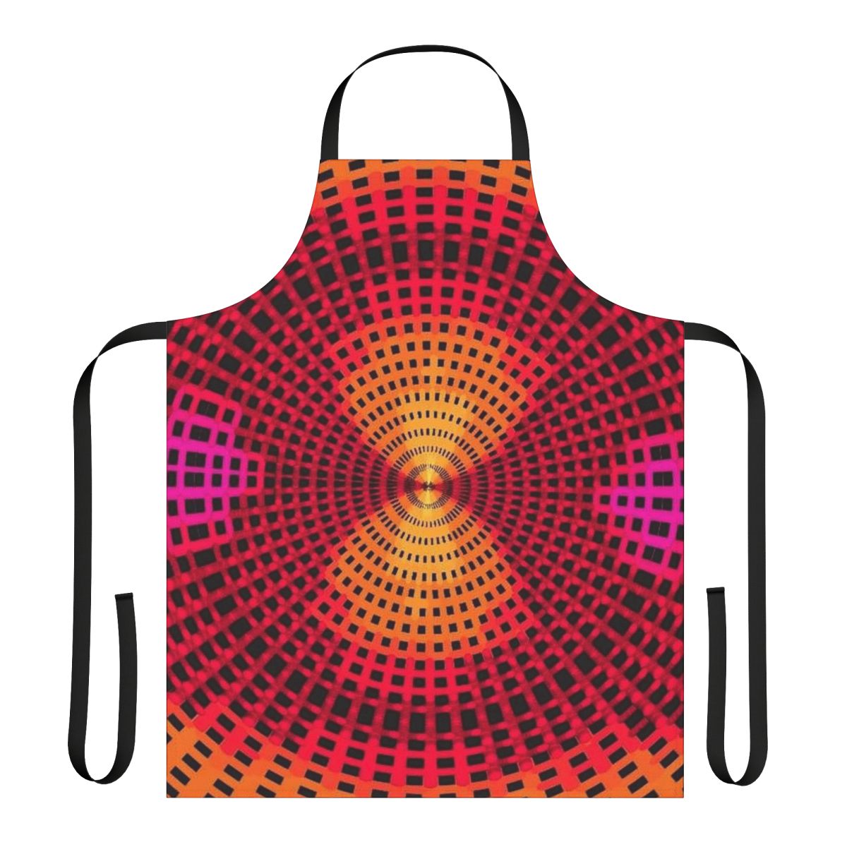Concentric circles and squares in a grid pattern creating a modern, geometric design on a high-quality apron.