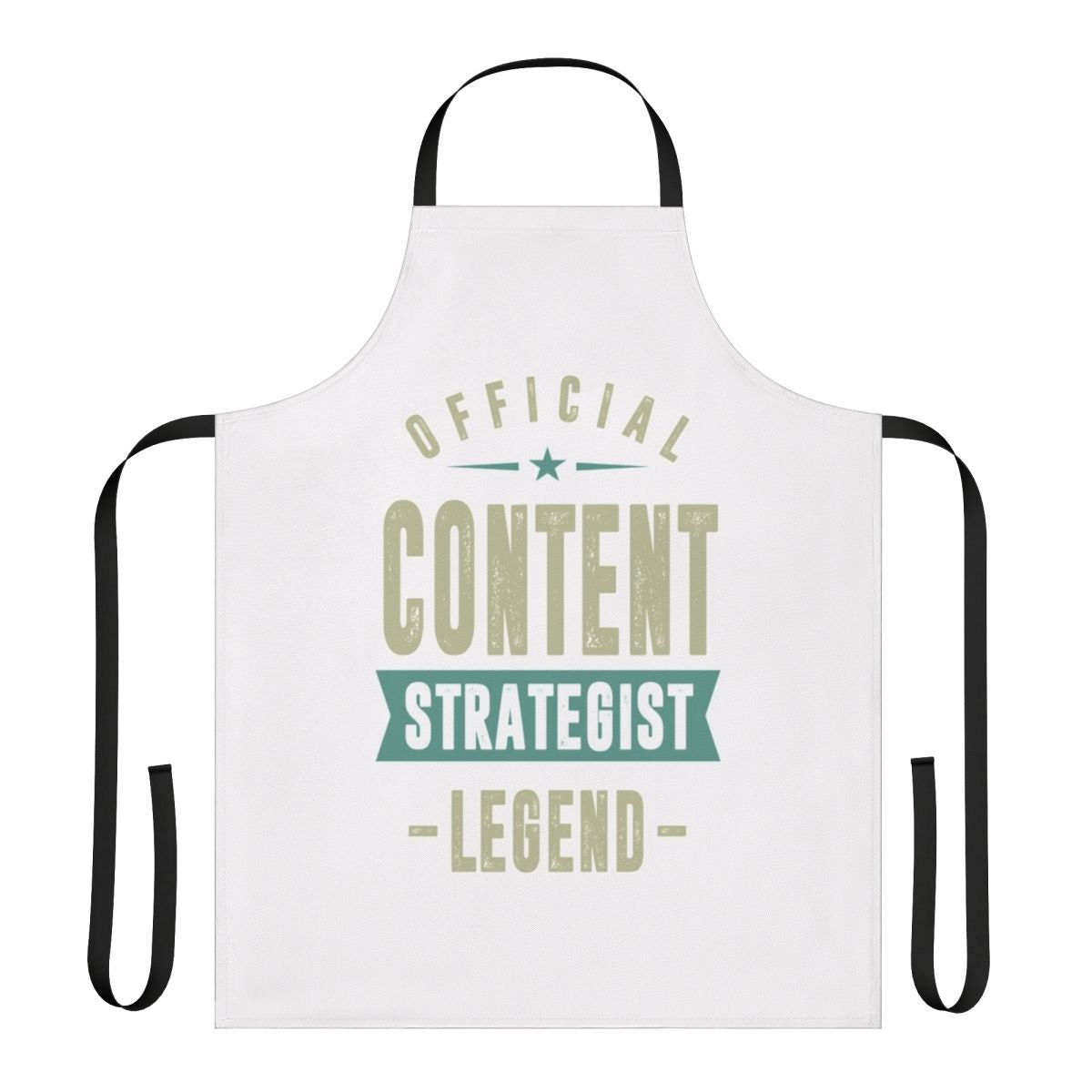 A blue and white apron with the text "Content Strategist" in a bold, stylish font