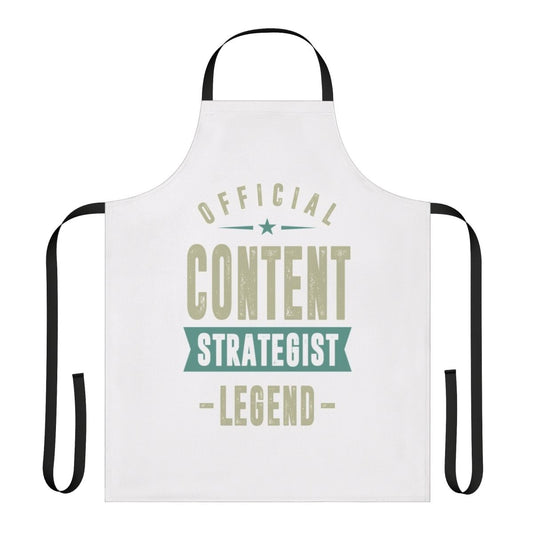 A blue and white apron with the text "Content Strategist" in a bold, stylish font