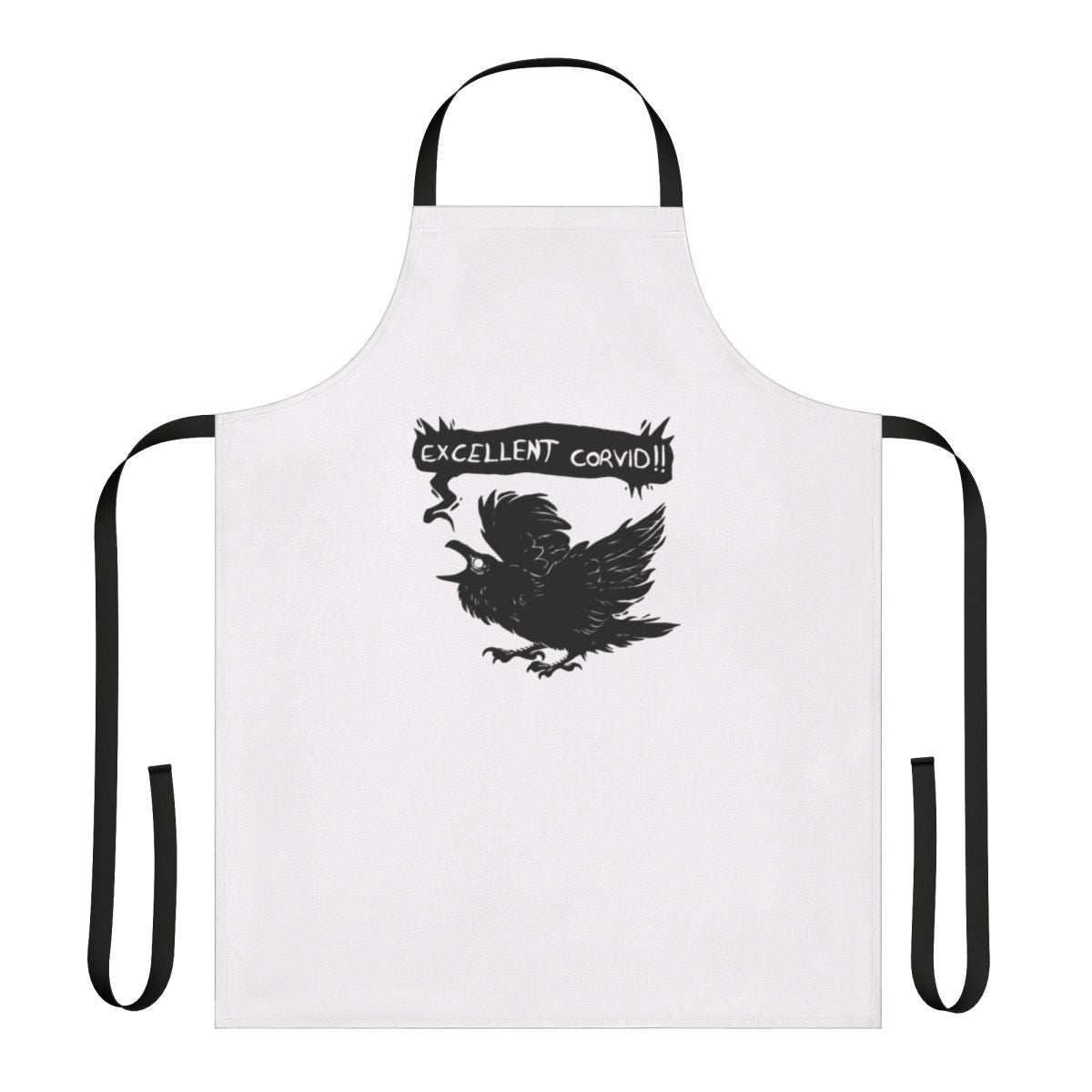 A stylish black apron featuring a corvid design, perfect for witchy cooks and bakers.