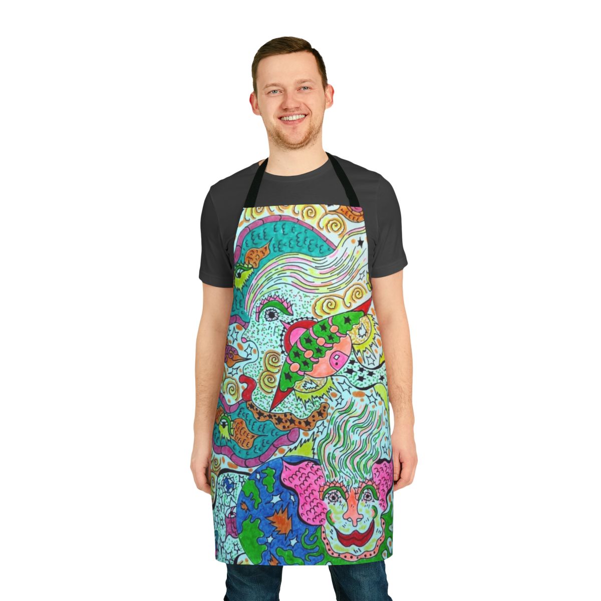 Colorful cosmic-themed apron with visionary and angelic design
