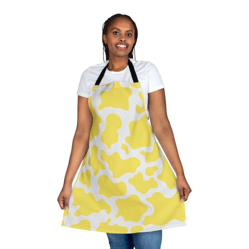 Yellow and white cow print design on an apron