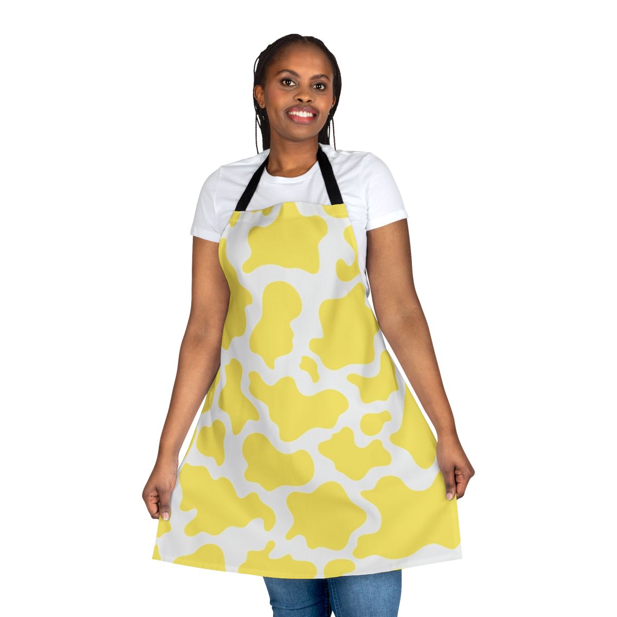 Yellow and white cow print design on an apron