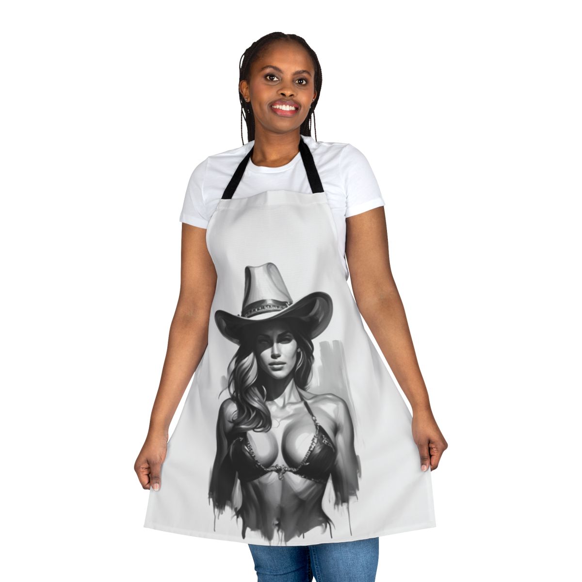 Artistic cowgirl-inspired apron featuring a beautiful, sensual woman